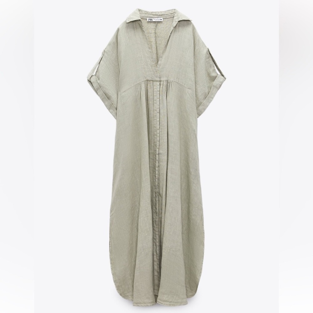 ZARA GREEN LINEN RELAXED FIT BUTTON DOWN DRESS - Picture 2 of 5